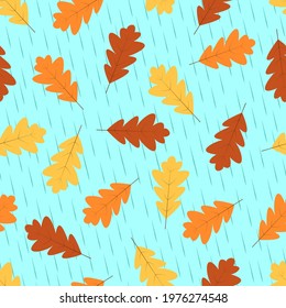 Autumn seamless pattern, yellow and red oak leaves fall in autumn, against the background of rain