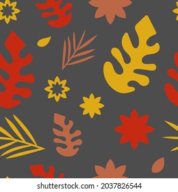 Autumn seamless pattern. Autumn yellow and red leaves on a gray background. Vector pattern.