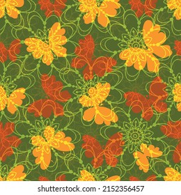 Autumn seamless pattern with yellow and red translucent butterflies on a green background with vintage flowers. Vector