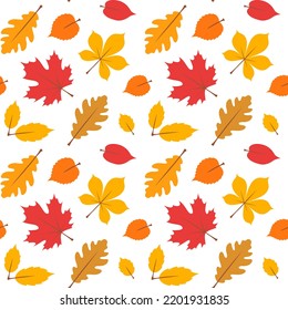 Autumn seamless pattern with yellow and red leaves on white background. Vector illustration. Design for wrapping paper, wallpaper, fabric, textile, scrapbooking, cover, autumn greeting card.