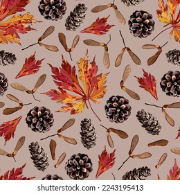 Patrón ininterrumpido de otoño con hojas amarillentas, conos, semillas de arce. Ideal para imprimir en tela, papel pintado, papel de envoltura, embalaje, postales.