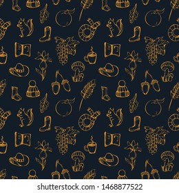 Autumn seamless pattern.Autumn line hand drawn background with different symbols related to fall.Hand drawn elements for fabrics, wallpaper.