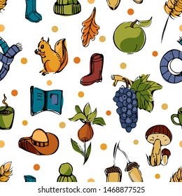 Autumn seamless pattern.Autumn line hand drawn background with different symbols related to fall.Hand drawn elements for fabrics, wallpaper on the white background.