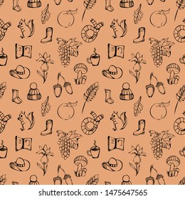 Autumn seamless pattern.Autumn line hand drawn background with different symbols related to fall.Hand drawn elements for fabrics, wallpaper.