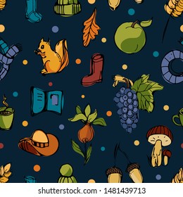 Autumn seamless pattern.Autumn line hand drawn background with different symbols related to fall.Hand drawn elements for fabrics, wallpaper on the white background.