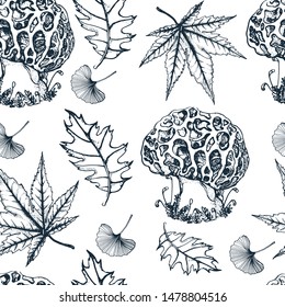 autumn seamless pattern,hand drawing, mushrooms, leaves vector