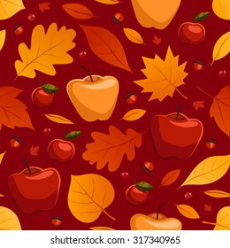 Autumn seamless patterns. Apples ans fall leaves. Vector illustration.