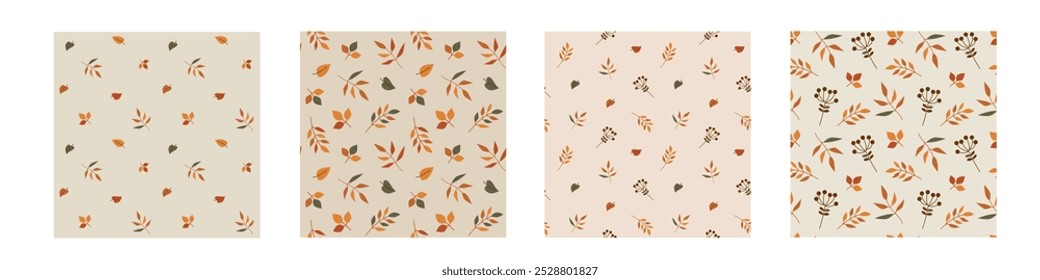 Colección de patrones sin costuras de otoño. Conjunto de Fondos de pantalla de otoño. Repite texturas para textiles con hojas coloridas. Acogedor adorno botánico.