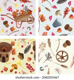 Autumn seamless patterns with fall leaves, mushrooms houses, dry herbs, cart with pumpkin, Feathers, berries and acorns. Endless texture for your design. Vector illustration