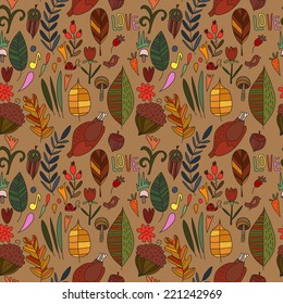 Autumn seamless patterns with  leafs, flowers and acorns. Cute vector backgrounds in warm retro colors. Seamless pattern can be used for wallpaper, pattern fills, surface textures