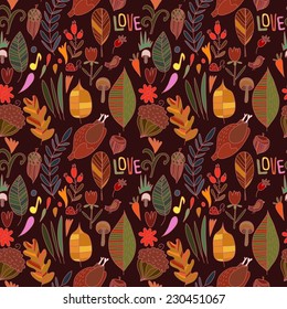 Autumn seamless patterns with  leafs, flowers and acorns. Cute vector backgrounds in warm retro colors. Seamless pattern can be used for wallpaper, pattern fills, surface textures