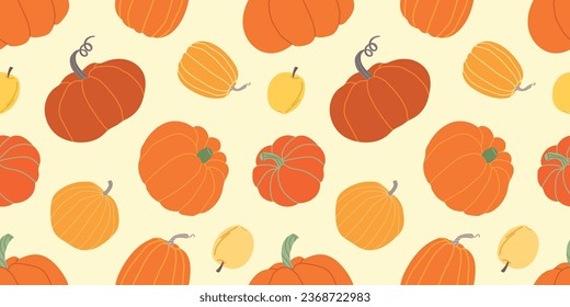 Autumn seamless patterns. Pattern with apples and pumpkins. Pumpkin harvesting seamless pattern. Colorful harvest illustration. Used for paper, cover, gift wrap, fabric. Vector illustration