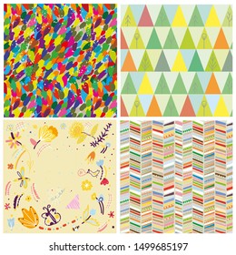 Autumn seamless patterns set with abstract and floral design. Vector graphic illustration