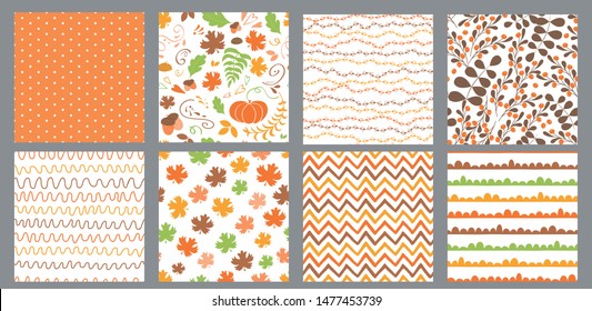 Autumn seamless patterns set Fall thanksgiving seamless background Pumpkin, maple leaf Geometric endless texture