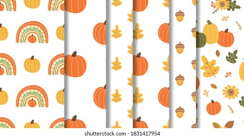 Autumn seamless patterns set. Fall texture, pumpkin, leaves, rainbow, acorn elements on fall background Vector print