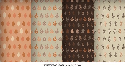 Autumn seamless patterns with stylized leaves and branches of plants, set in a brown, orange and beige palette