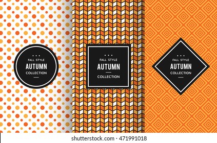 Autumn seamless patterns. Vector illustration for fall decoration. Orange, white, black colors. Set of geometric textile texture background. Bright halloween thanksgiving frame label invitation paper