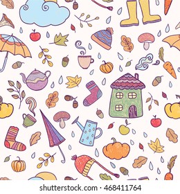 Autumn seamless pattern.Vector hand drawn background,doodle cartoon illustration. Perfect for printing.