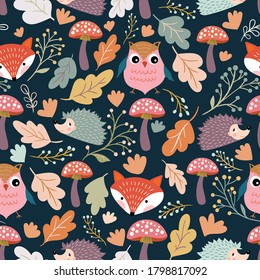 Autumn seamless pattern/wallpaper/background with seasonal design, cute elements, owl, fox and hedgehog