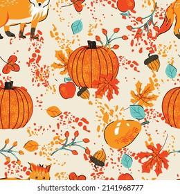 Autumn seamless print leafs pattern   fox harvest pumpkin apple pears acorn vector elements for home textile wallpaper background 