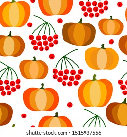 Autumn seamless pumpkin pattern. Pumpkins, cranberries, rowan isolated on white background. Seasonal vector illustration for wallpaper, wrapping paper. Autumn image for Halloween and Thanksgiving
