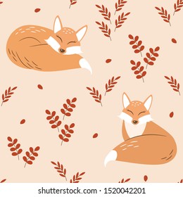 Autumn seamless repeat pattern with cute foxes and red leaves. Wallpaper for kids.