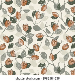 Autumn Seamless Repeat Pattern with Hand Drawn Beech Nuts and Watercolor Leaves. Great for Fabric, Wallpaper, Packaging and more.