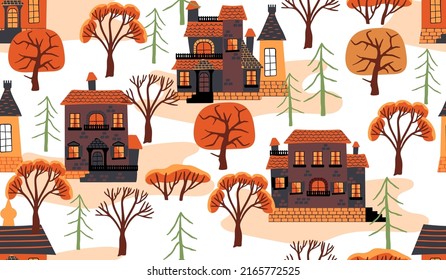 Autumn seamless repeat pattern with houses and trees.Landscape colorful background and texture for printing on fabric and paper.Vector hand drawn isolated illustration for design card,cover.