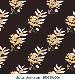 Autumn seamless season pattern with orange and white tones forest bouquet ornament. Dark brown background. Designed for wallpaper, textile, wrapping paper, fabric print. Vector illustration.