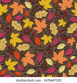 Autumn seamless seasonal pattern with leaves, decorative elements on a neutral background. vector. 