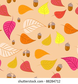 Autumn seamless with some bright leaves and acorns