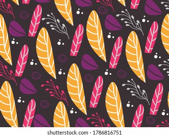 Autumn seamless stylish pattern. The dark background depicts leaves, dots, branches, and spirals. For decorating autumn textiles - pajamas, tablecloths, curtains, blankets, kitchen towels, scarves