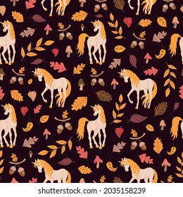 Autumn seamless texture with beautiful unicorns, leaves, acorns and fly agarics. For background, fabric, wrapping paper, wallpaper, textiles.