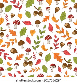 autumn seamless texture with fly agarics, mushrooms, chestnuts, acorns, leaves