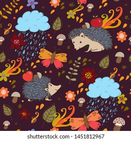 Autumn seamless texture with hedgehogs, mushrooms and clouds.Seamless pattern can be used for wallpaper, pattern fills, web page background, surface textures.