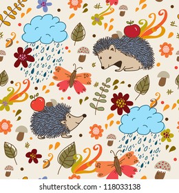 Autumn seamless texture with hedgehogs.Seamless pattern can be used for wallpaper, pattern fills, web page background,surface textures.