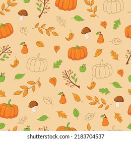 Autumn seamless texture. Pumpkins, leaves, branches, mushrooms, berries, apples, pears. For backgrounds, textiles, wallpaper, wrapping paper