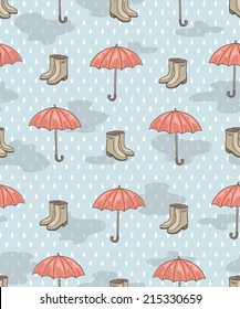 Autumn seamless texture with umbrellas and boots