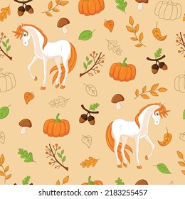 Autumn seamless texture, unicorns, pumpkins, leaves, mushrooms and acorns. For background, wallpaper, fabric, textiles, decor.