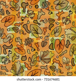 Autumn. Seamless texture. Vector illustration. Leaves and flowers on a colored background. two seamless textures inside.