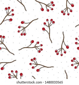 Autumn seamless themed pattern with colored sprigs of mountain ash. vector. gentle style. 