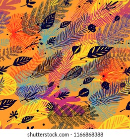 autumn Seamless trendy pattern, leaves on orange background. Vector botanical illustration, Great design element for fabric, wrapping paper, congratulation cards, banners, flyers and another