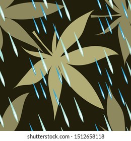 Autumn seamless vector background with leaves and raindrops on a dark green background.