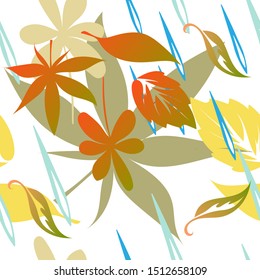 Autumn seamless vector background with yellow-orange leaves and raindrops