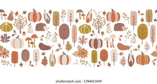 Autumn seamless vector border. Seamless Thanksgiving fall pattern corn tree pumpkin pear sunflower acorn greeting card repeating design. Harvest festival. For fabric, banner, decor, footer, header