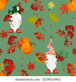 Otoño, Ilustración vectorial sin fisuras. Ramas de Rowan, calabaza y gnomos sobre un fondo verde. Para decorar textiles y embalajes.