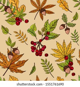 Autumn seamless vector pattern with acorns, berries  and leaves on a light background. Falling colorful leaves. Perfect for seasonal and Thanksgiving Day, greeting cards, textile, wrapping.