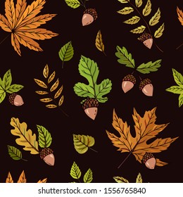 Autumn seamless vector pattern with acorns and leaves on a dark background. Falling colorful leaves. Perfect for seasonal and Thanksgiving Day, greeting cards, textile, wrapping.