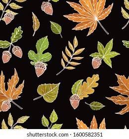 Autumn seamless vector pattern with acorns and leaves on a dark background. Falling colorful leaves. Perfect for seasonal and Thanksgiving Day, greeting cards, textile, wrapping. 
