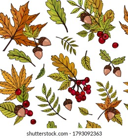 Autumn seamless vector pattern with acorns, berries  and leaves on a dark background. Falling colorful leaves. Perfect for seasonal and Thanksgiving Day, greeting cards, textile, wrapping.